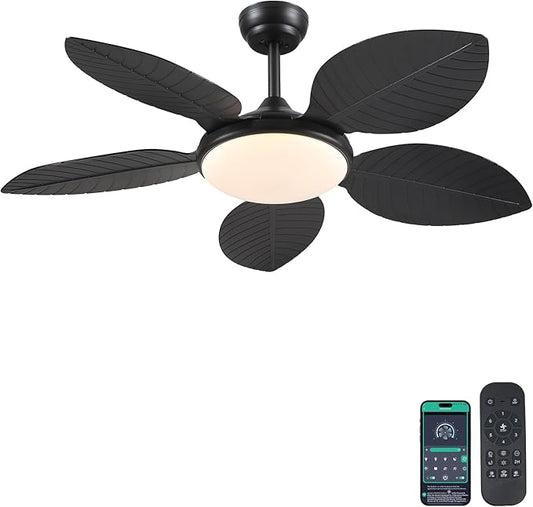 Ceiling Fans with Lights and Remote/APP Control, 48 Inch Tropical Ceiling Fan for Bedroom Living Room, Outdoor Palm Leaf Ceiling Fan for Patios Porch, Dimmable, 6 Speeds, Reversible, Black