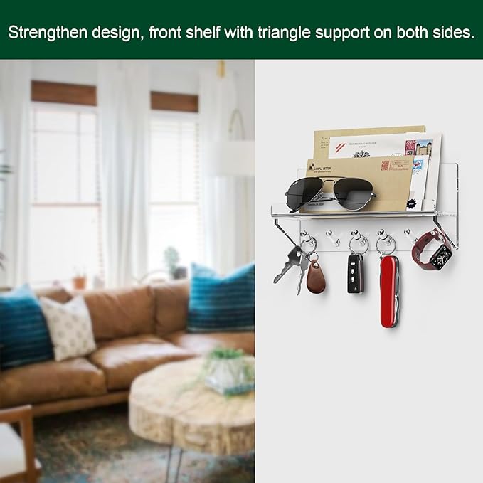 Decorative Wall Key Holder - Acrylic Mounted Key Hooks with Shelf, Entryway Rack, Mail Organizer, Living Room Decor (Clear)