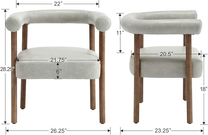 PU Leather Dining Chairs Set of 2, Modern Upholstered Dining Chairs, Curved Backrest Kitchen Dining Room Chairs Accent Chairs Arm Chairs with Natural Wood Legs, Grey