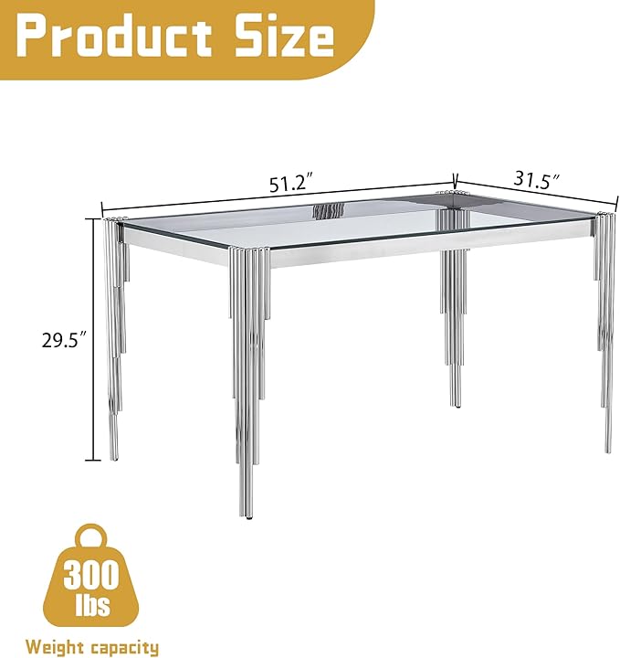 51" Rectangle Glass Dining Table for 4-6, Modern Silver empered Glass Kitchen Table with Stainless Steel Legs for Home Office Kitchen, Living Room