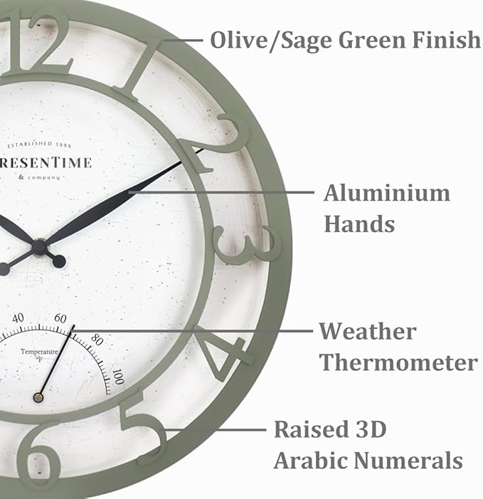 Presentime & Co 13" Farmhouse Outdoor Wall Clock w/Outdoor Thermometer, Modern Style, Raised 3D Arabic Numerals, Olive/Sage Green Finish (Wall Clock for Patio, Cottage, Poolside, Garden Spaces)