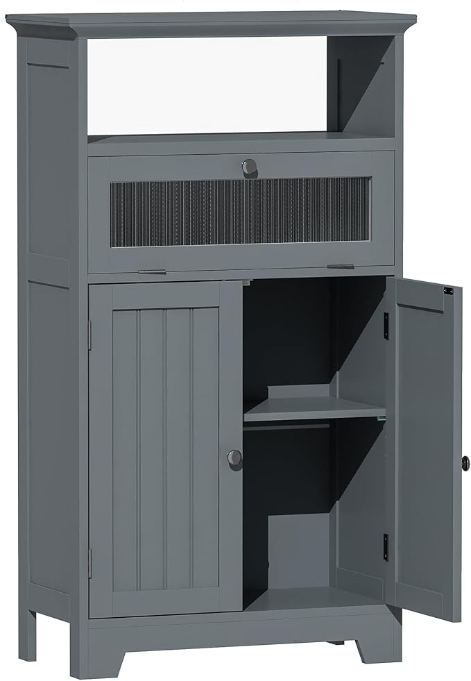 ChooChoo Bathroom Floor Storage Cabinet with Flip Glass Drawer, Bathroom Cabinets Freestanding with 2 Doors Adjustable Shelf & 1 Open Storage for Bathrooms, Living Room, Hallway, Grey