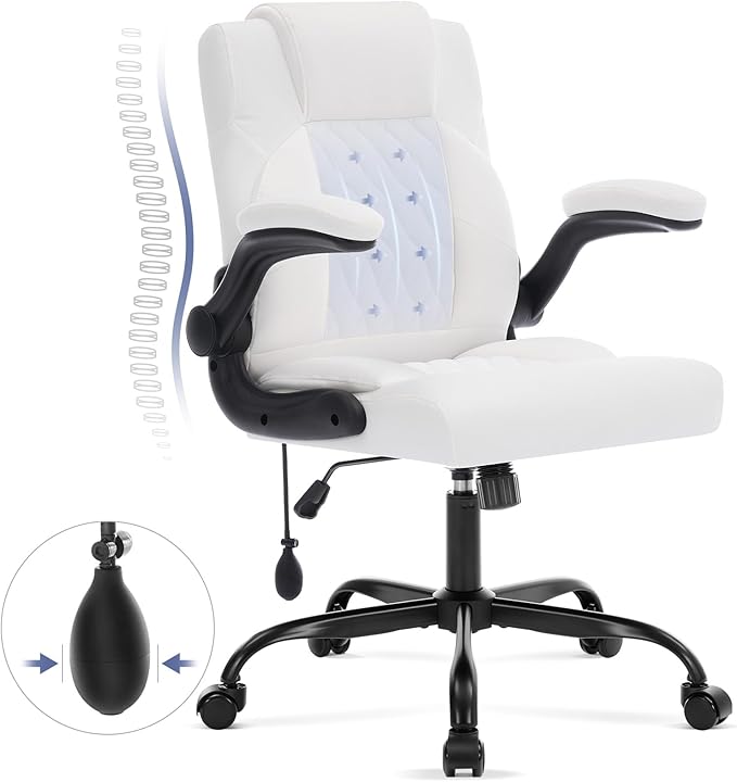 Office Chair with Adjustable Lumbar Support,Leather Ergonomic Computer Desk Chair with Flip-up Arms,Adjustable Tilt Lock,Swivel Rolling Executive PC Chair for Work, Study,Meeting,Small Space.White
