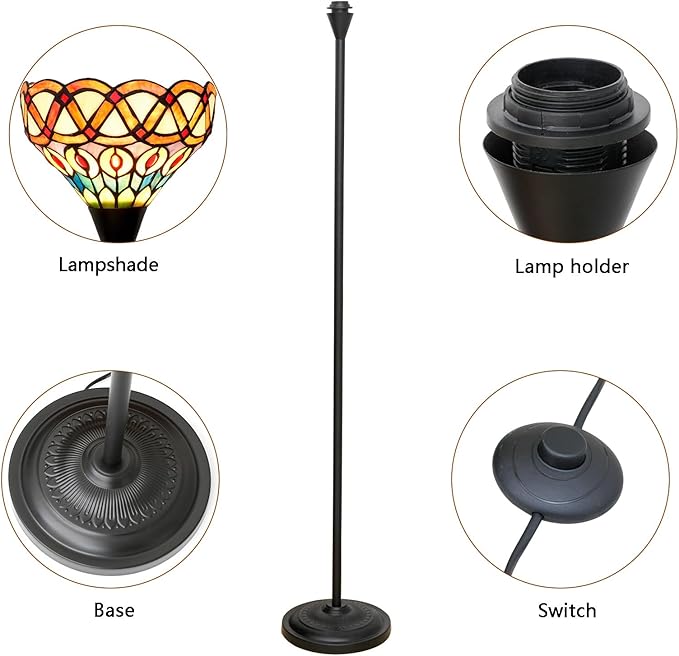 Tiffany Floor Lamp Torchiere Antique Stained Glass Lamp Yellow Peacock Tail Style Standing Light Tall Uplight Lamp for Home Decorating Reading Working