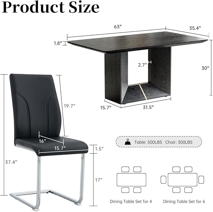 63" Modern Black Dining Table Set for 6 with Chairs, 7 Piece Rectangular Dining Room Table and 6 PU Leather Chairs, Kitchen Dining Set with Matte Wood Finish, Geometric Base, Easy Assembly