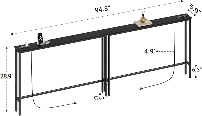 ELYKEN 94.5" Narrow Console Sofa Table with Power Outlet, 5.9'' Behind Couch Table with Charging Station, Long Entryway Tables for Living Room, Hallway, Black