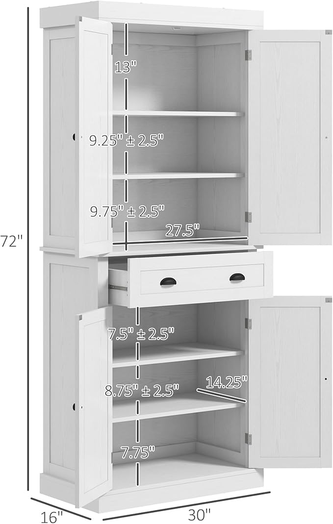 HOMCOM 72.5" Kitchen Pantry Cabinet, Traditional Freestanding Storage Cabinet with 4 Doors, Drawer and 3 Adjustable Shelves for Dining Room, White Wood Grain