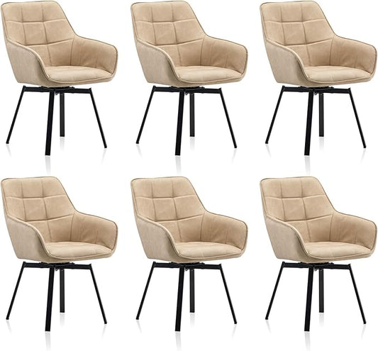 TUKAILAi Modern Swivel Armchairs Set of 6, Faux Leather Upholstered Accent Dining Chairs with Metal Legs, Rotatable Leisure Chair for Kitchen Guest Reception Restaurant Commercial (Cream)