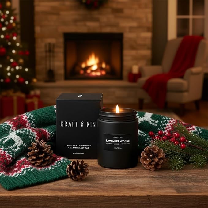 Craft & Kin Premium Lavender Woods Candle | Black Christmas Scented Candles for Men | Long Lasting with 45 Hour Burn Time, 7.6oz | Soy Holiday Candle | Aromatherapy at Home | Gifts for Men