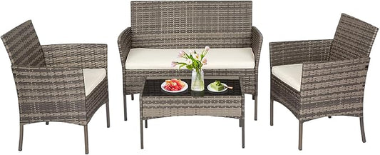 FDW | 4-Piece Patio Furniture Set | Gray & Khakhi | Outdoor Wicker Furniture with Coffee Table | Modern Rattan Chairs Conversation Set | Outdoor Seating | Weather-Resistant | for Porch, Garden, Lawn