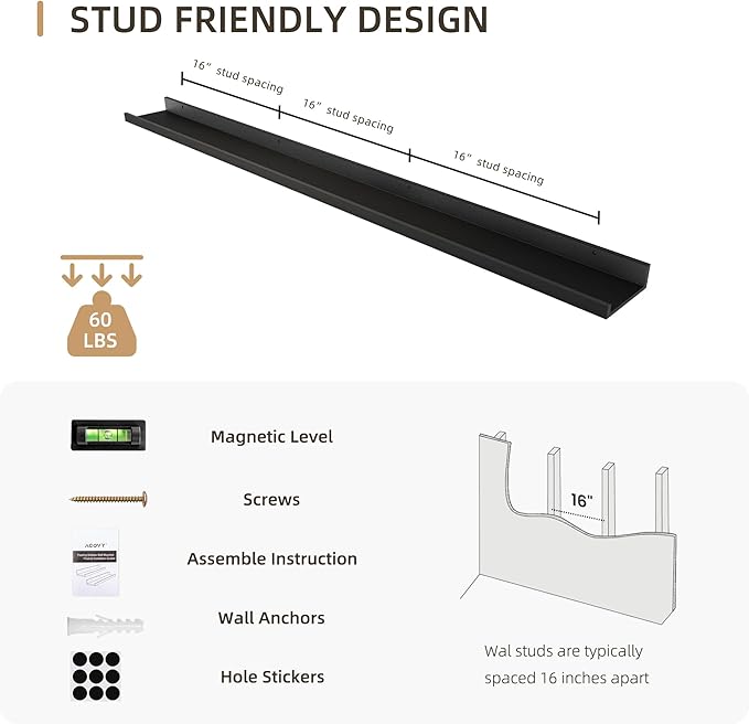 Picture Ledge Shelf, Wood Long Floating Shelves for Wall, Set of 2, 56 inch Picture Ledge Shelves, Photo Ledge Nursery Book Shelves Wall Mounted for Living Room Kids' Room Bedroom, Color Black