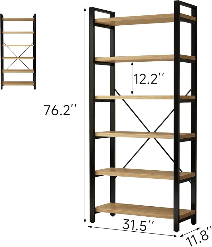 Real Solid Wood Rustic Vintage Industrial Etagere Bookshelf, Metal & Timber Free Vintage Bookcase, Retro Brown (Genuine Timber) (6-Tiers-RawWood)