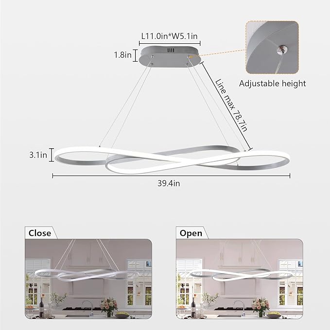 Modern LED Chandelier Dining Room Pendant Light Dimmable Creative Chandelier Remote Control Color/Brightness 3000-6000K Adjustable Hanging Lamp for Bedroom Living Room Kitchen (Silver)