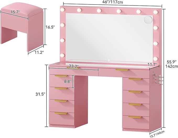 DWVO 46'' Glass Top Makeup Vanity with 10 Drawers, Vanity Desk Set with Large LED Mirror, Built-in Charging Station, Cushioned Storage Chair, 3-Color Light Modes