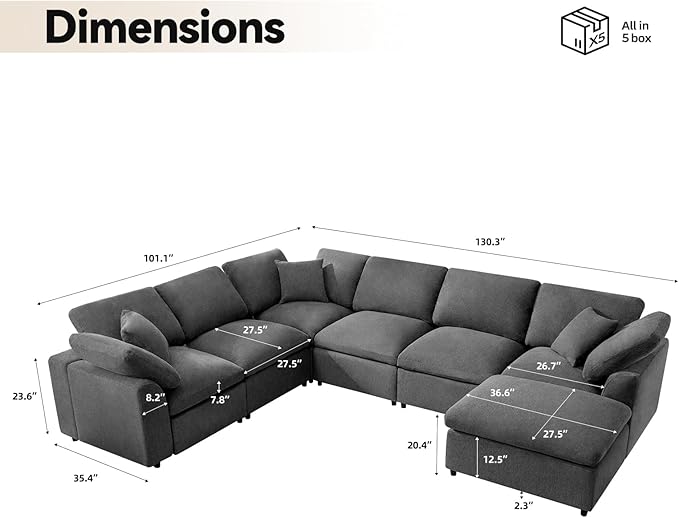 Modular Sectional Sofa Modern Oversized Cloud Couch with Movable Ottoman 7 Seater L-Shaped Sofas Comfy Couches for Living Room Spacious Space Office Lounge, Dark Grey