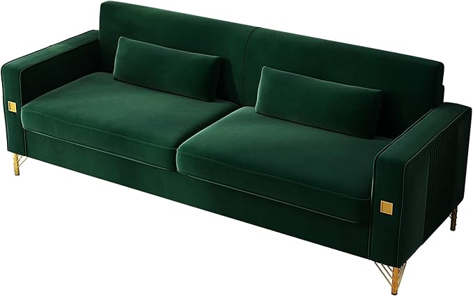 85.63" Velvet Sofa,Modern Loveseat Couch with Pillows Set of 2 for Living Room,Bedroom,Apartment Furniture with Gold Metal Legs (Green)