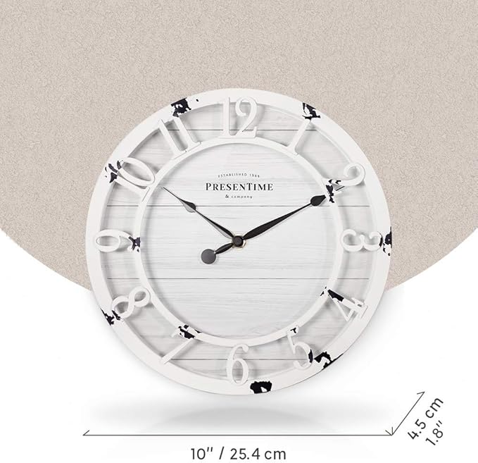 Presentime & Co 10" Farmhouse Series Wall Clock, Shiplap Style, Raised 3D Arabic Numeral, Antique Distressed White