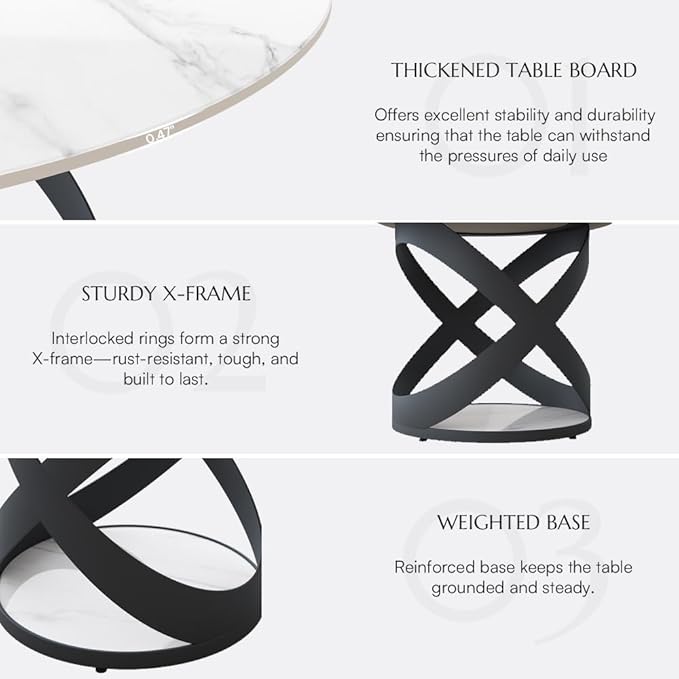 POVISON 51" Modern Dining Table, Glossy White Round Dining Table for 6, Sintered Stone Dining Tabletop with Black X Carbon Steel Base (Table Only)