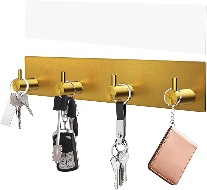 VIS'V Key Holder Wall Mount, Large Metal Self Adhesive Key Hanger with 4 Hooks, No Drilling, Extra Adhesive Strip, Gold