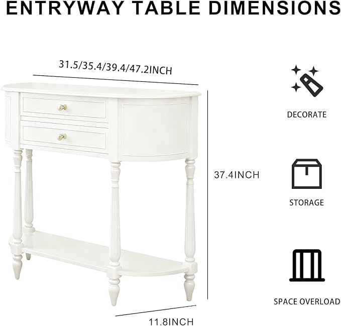 Solid Wood Panel Half Moon Table, Fitted with Leveling Legs, foyer tables for entryway,Easy Installation, White Entryway Table with Storage, Ideal for Entryways, Foyer, Corridor, Behind the Sofa