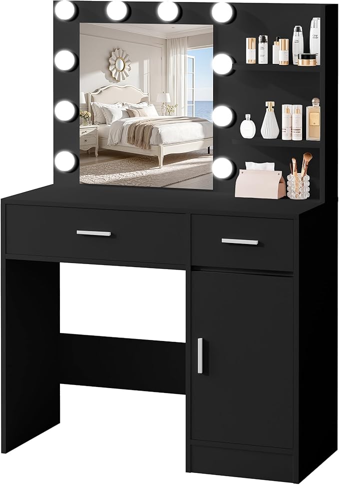 Lighted Makeup Vanity Desk, 35.4”W x 15.7“D x 54”H, Black (with Lights and Mirror, Dimming Function, 2 Drawers and 1 Cabiniet, Open Shelves)