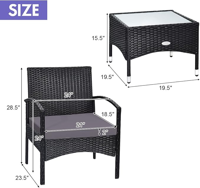 COSTWAY 3 PCS Patio Wicker Conversation Set, PE Rattan Sofa with Tempered Glass Coffee Table, 2 Chairs, 2 Cushions, Outdoor Patio Furniture Set for Yard Porch Bistro Balcony Backyard Pool, Grey