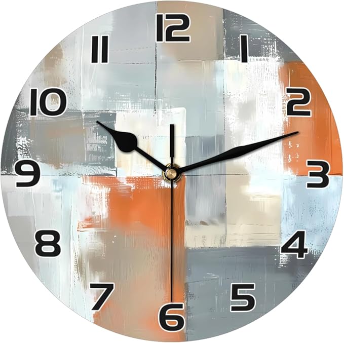 Abstract Orange Grey White Beige Art Wall Clock Battery Operated 10 in Round Wall Clocks Slilent Non Ticking Quartz Analog Clock for Bedroom Kids Living Room Classroom Decor