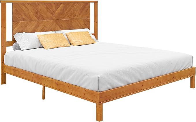 AMERLIFE Solid Wood King Size Bed Frame with Headboard, Mid Century Modern Style Platform Bed with Under-Bed Storage, No Box Spring Needed, Noise Free, Easy Assembly, Light Brown