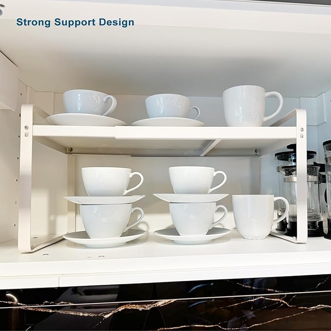 Set of 2 Expandable Cabinet Shelf Organizer, White Kitchen Countertop Shelves, Stackable Metal Pantry Storage Organizer for Cupboard, Spice Rack