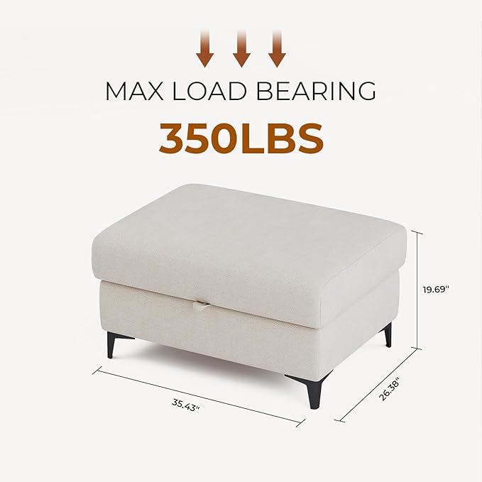 35" Large Storage Ottoman for Living Room, 7.8" Deep Seat Rectangular Ottoman Foot Rest for Couch, Chenille Storage Footstool Load 350 lb （Beige）