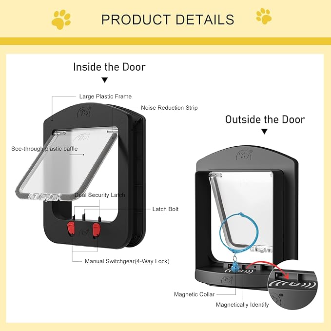 [ALUMANI] Cat Door for Interior Door and Exterior Door, 4 Way Locking Cat Door with Magnetic Flap, Collar Activated Pet Door, 2pcs of Cat Magnetic Collars, Black