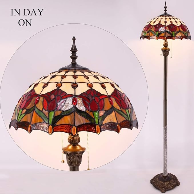 WERFACTORY Tiffany Floor Lamp Red Amber Tulip Flower Stained Glass Standing Reading Light 16X16X64 Inches Antique Pole Corner Lamp Decor Bedroom Living Room Home Office S030 Series