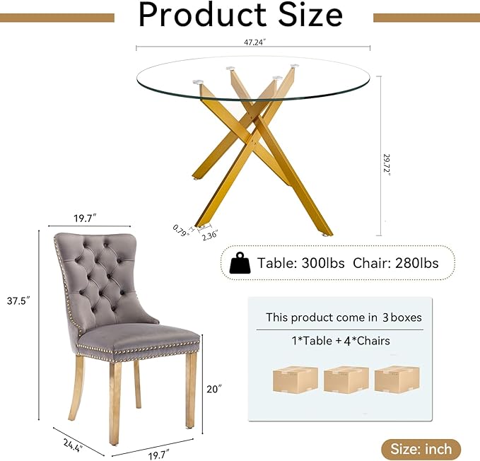 Goujxcy Round Dining Table Set for 4, Modern Glass Kitchen Table and Chairs Set of 4, 5-Piece Dining Room Table Set w/47 Circle Gold Glass Dining Table and 4 Upholstered Velvet Chairs