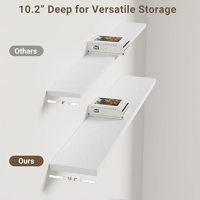 Vivelove 10 in Deep Floating Shelves for Wall, 48" x 10.2" x 1.5" Shelves for Room Wall Mounted, 1.5 Inch Thick Shelf for Bathroom Bedroom Kitchen Book Room, Modern Farmhouse Decor, Set of 2, White