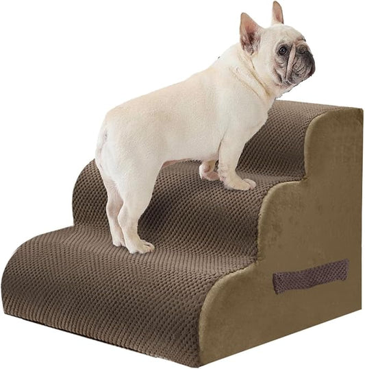 PAWSCART Dog Stairs for Small Pets, 17.7" H with 30D Material Soft Foam, Portable Ramp Non-Slip Surface Non-Slip for Couch and High Bed Climbing, 3-Step Stairs for Cat or Dog, Brown