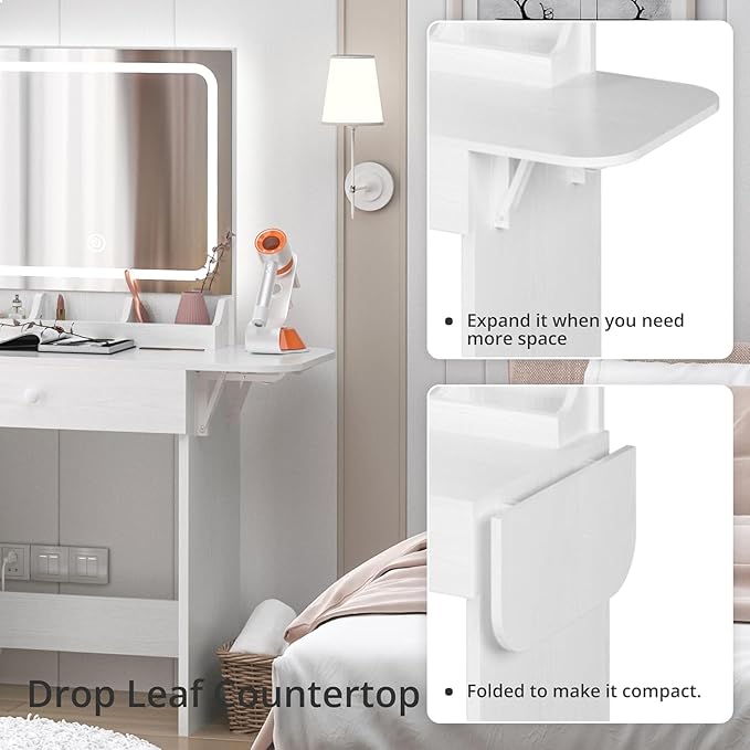 IRONCK Vanity Desk with LED Lighted Mirror & Power Outlet, Makeup Table with Drawers & Cabinet,Storage Stool, White