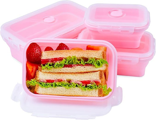 4 Pack Silicone Collapsible Bowls with Lids for Camping, Square Food Storage Containers Set, Leak-Proof & Portable Collapsible Kitchen Containers for Travel, Hiking, Picnic & Meal Prep