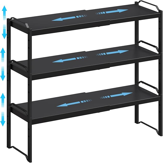 X-cosrack 25.5 Inches 3 Pack Expandable Cabinet Shelves, Stackable Shelf Organizer for Kitchen Cabinet Countertop Storage, Adjustable Counter Cupboard Pantry Organizer Shelf Rack Stand Riser, Black