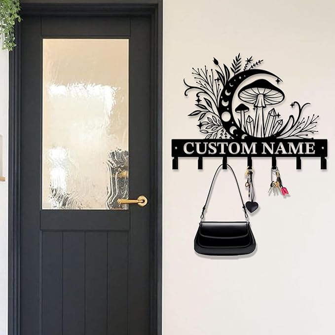 Customized Keys Holder - Personalized Mushroom Wonderland Key Hooks Wall Metal Sign Decor,Wall Holder,Door Hook (Style C)