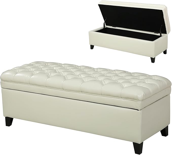 Setawix PU Leather Storage Bench for Bedroom, Living Room, Entryway, 50"W x 18.3"H, Ivory, Wood Legs