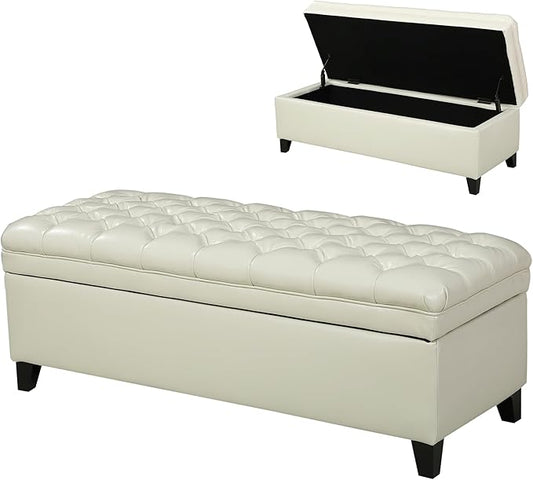 Setawix PU Leather Storage Bench for Bedroom, Living Room, Entryway, 50"W x 18.3"H, Ivory, Wood Legs