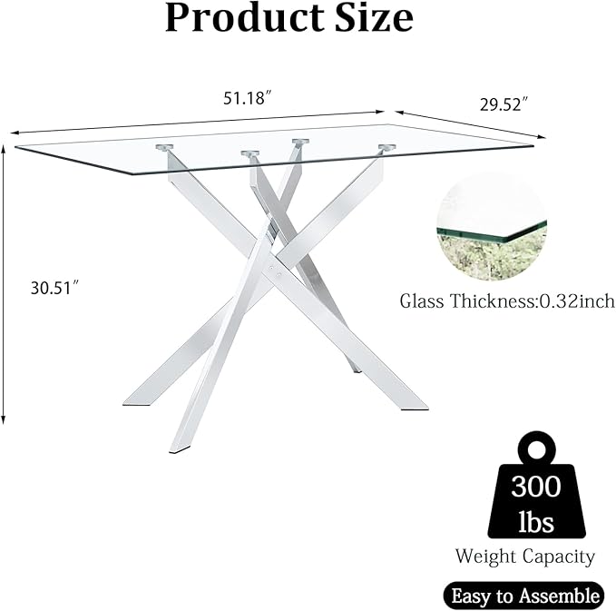 51.2" Glass Dining Table, Modern Kitchen Table for 4-6 People, Contemporary Rectangular Dining Room Dinner Tables with Clear Glass Top & Silver Metal X Legs for Kitchen Apartment