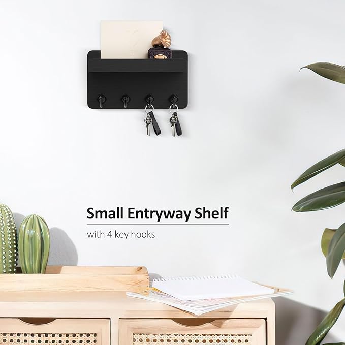 Nekon Key Holder Wall Mount, 8.5 Inch Small Home Decor Wooden Wall Organizer with 4 Hooks and Shelf, Key and Mail Holder for Living Room Entryway Kitchen (Black)
