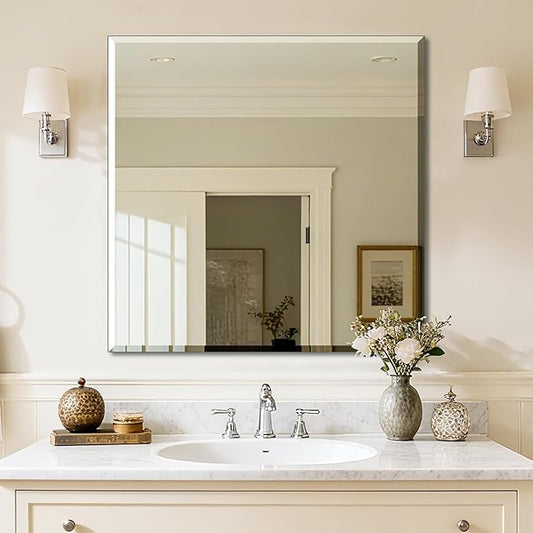 Ruomeng Frameless Mirror for Wall, 30x30 Inch Bathroom Vanity Mirror Farmhouse, Rectangle Mirror with Beveled Edge, Tempered Glass, Hangs Horizontally or Vertically