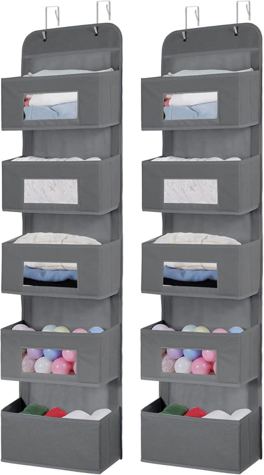 MAX Houser 5-Shelf Over The Door Hanging Organizer with 2 Metal Hooks，5 Pocket Over The Door Wall Mount Storage with Clear Windows for Baby Nursery Bathroom Closet,Bedroom,Dorm (Gray-2 Pack)