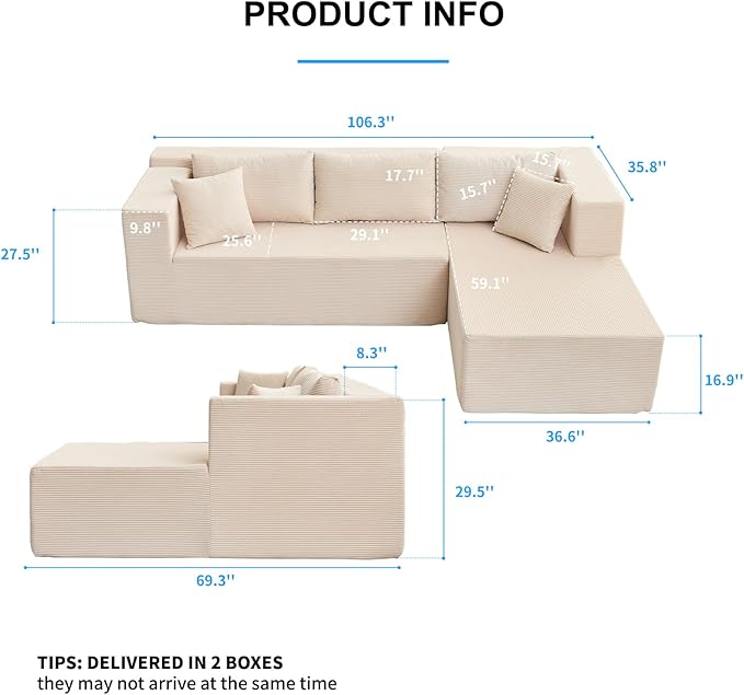PUREMIND 106" White Cloud Sectional Couch Sectional Couches for Living Room, Corduroy L Shape Sofa with Deep Seat, Modular Boneless Foam Couch Corner Couches No Assembly Required