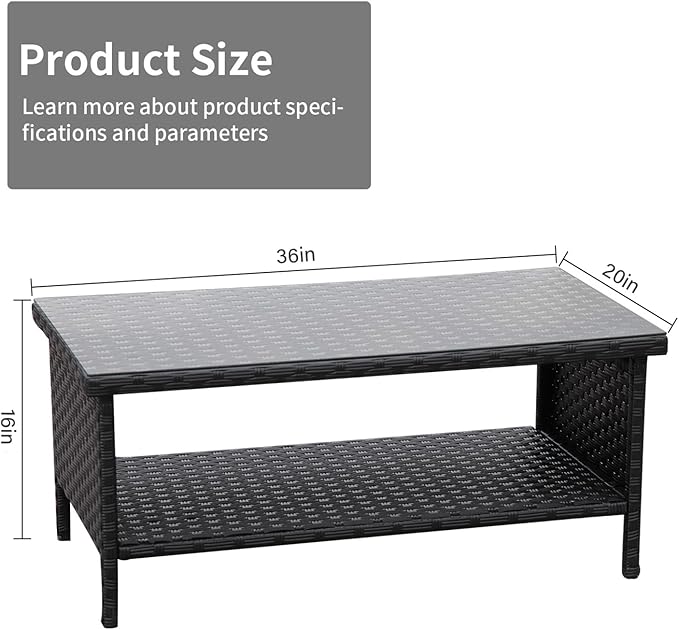 Outdoor Wicker Coffee Table Patio Furniture Garden Rattan 2-Layer Glass Table with Storage and Furniture Cover, Black