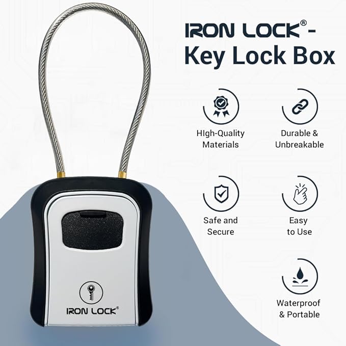 Iron Lock® Key Lock Box Portable with Cable Shackle & Wall Mount – Waterproof Metal Lock Box for Keys with 4-Digit Combination & Resettable Code – Indoor/Outdoor Key Safe (Grey, Medium)
