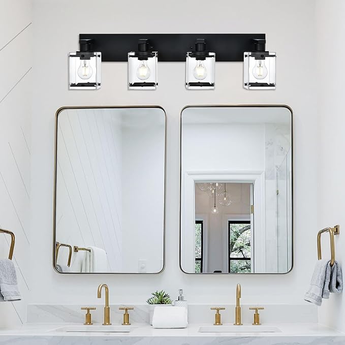 4-Light Bathroom Vanity Light Fixture, Modern Black Wall Lighting Over Mirror with Rectangular Clear Glass, E26 Bulb Base