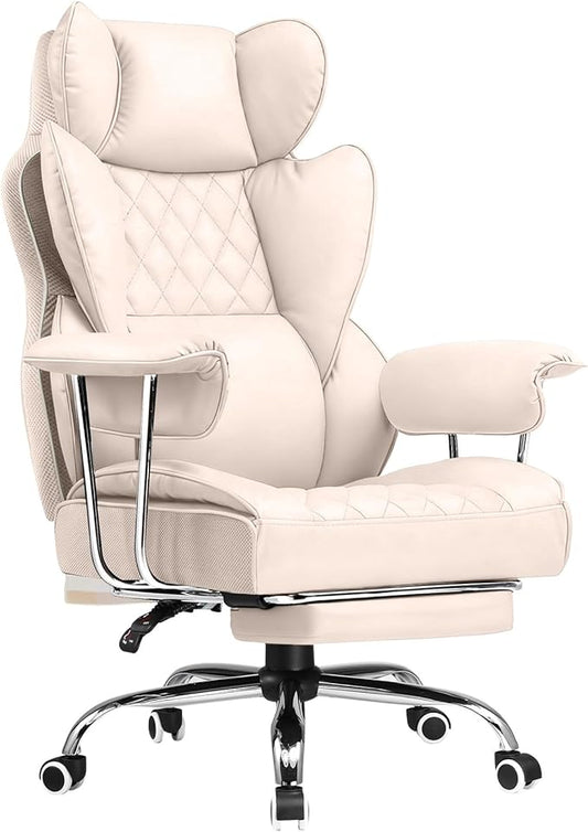 COMHOMA Big and Tall Office Chair, High Back Leather Gaming Chair with Footrest, Executive Ergonomic Office Chairs with Pocket Spring Lumbar Support and with Outward Fixed Soft Armrests